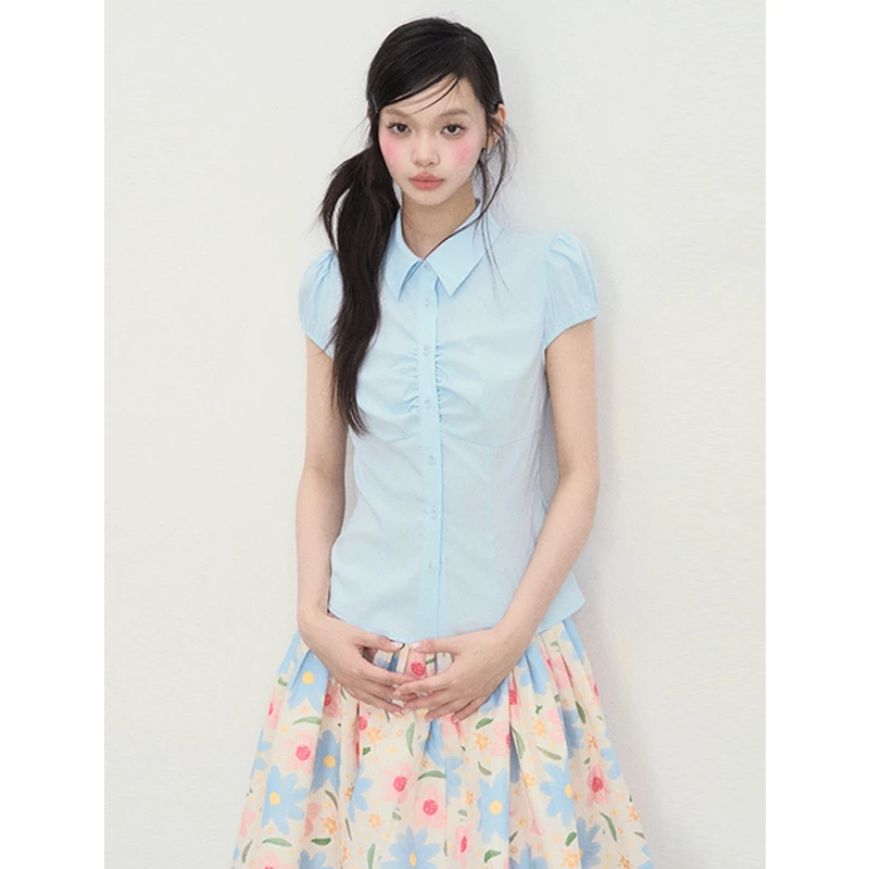 ANNA CUTE 学院风掐腰显瘦短袖女夏季泡泡袖翻领蝴蝶结系带衬衫