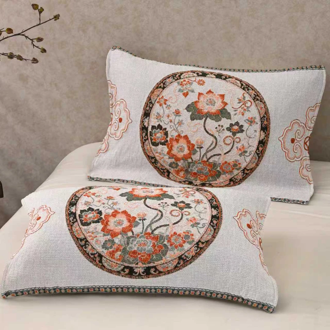 荷花映池重工色织提花柔软亲肤成人枕巾一对装 lby