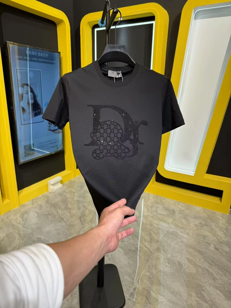 短袖圆领青少年薄款落肩T恤青年欧美简约风轻奢亮片镂空刺绣7799