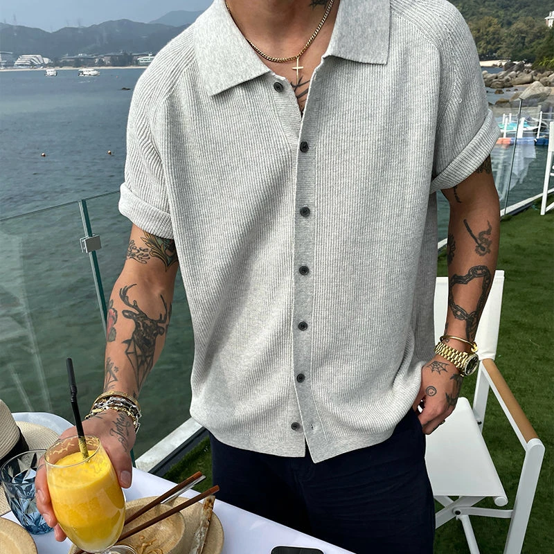 特大码300斤轻奢肌理感短袖衬衫男装夏季老钱风宽松休闲翻领衬衣2