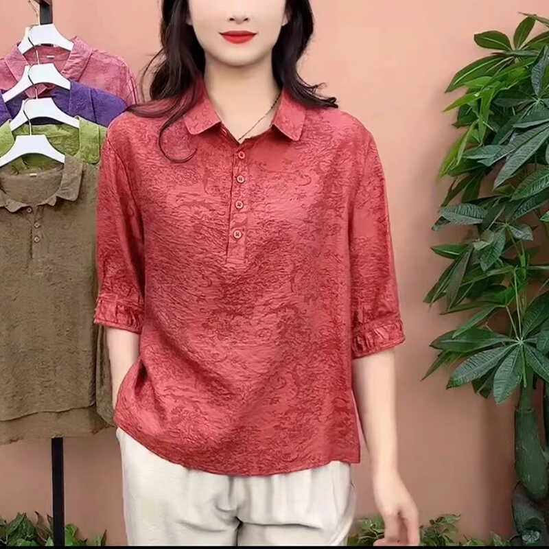 夏季大码气质时尚休闲翻领显瘦洋气中年妈妈装衬衫短袖小衫