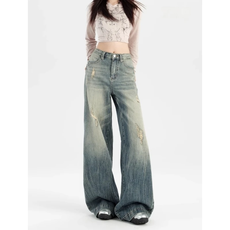 美式复古破洞阔腿牛仔裤女夏季新款高腰宽松显瘦垂感直筒拖地裤子