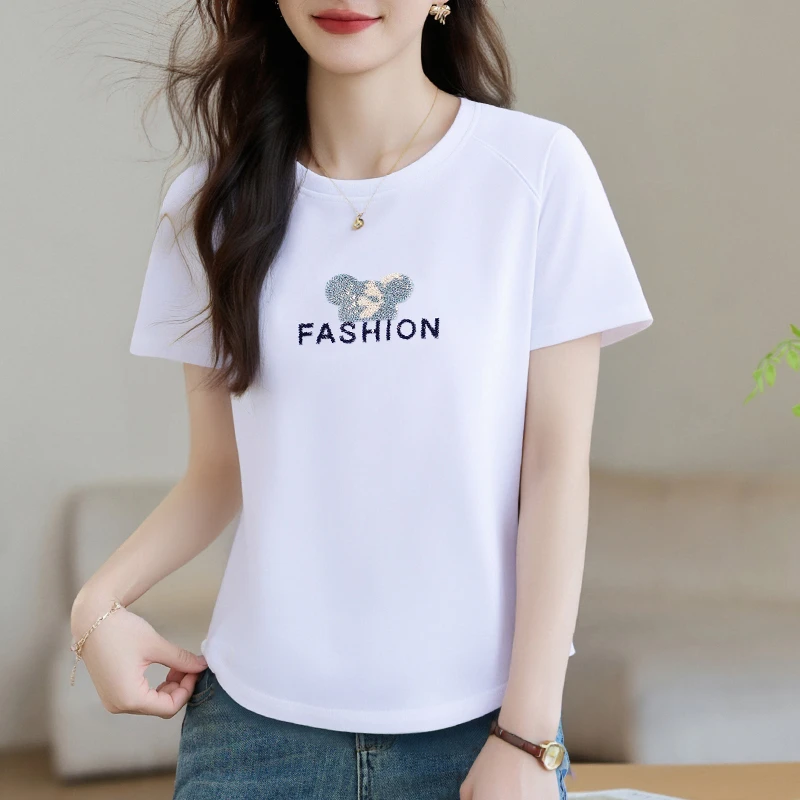 【运费补贴】夏季轻奢洋气短袖t恤女正肩遮肉显瘦上衣圆领时尚百搭
