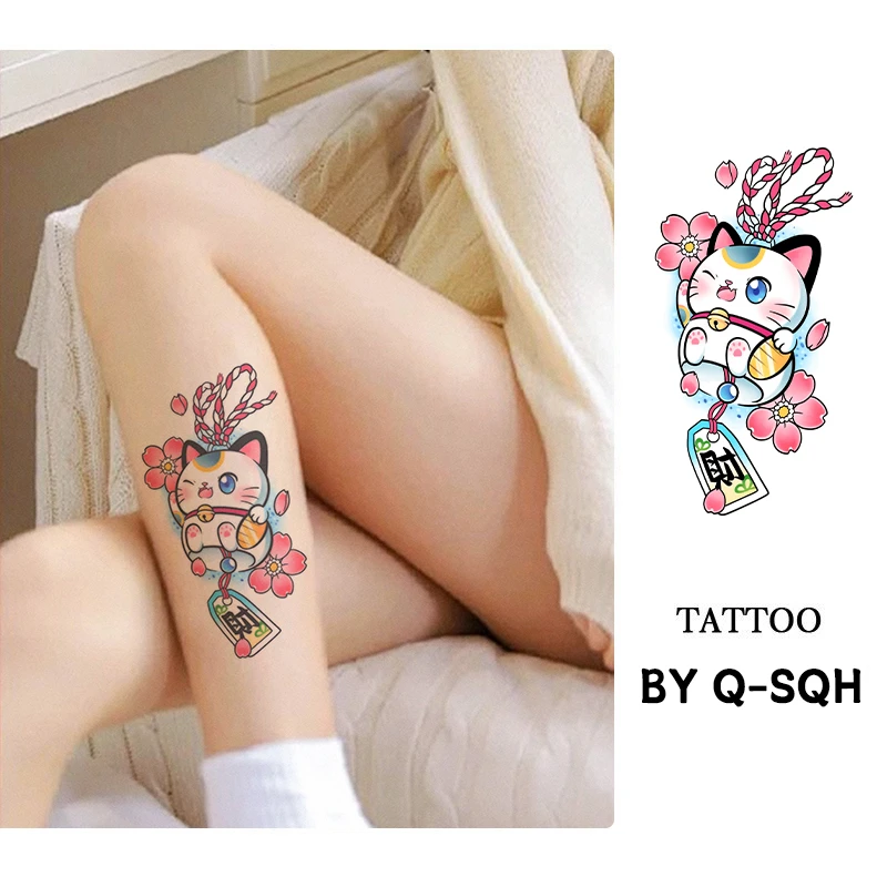 浪漫樱花招财猫彩色纹身贴防水女持久ins风小腿花臂仿真遮盖疤痕