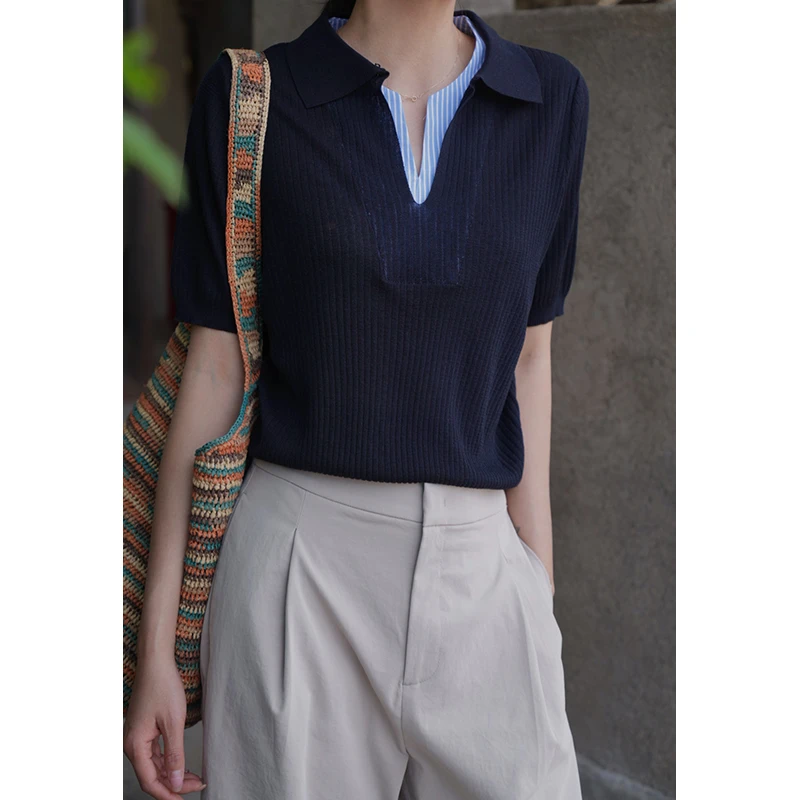 阿土秀假两件小翻领短袖针织衫2025春季新款韩系气质直筒显瘦毛衣