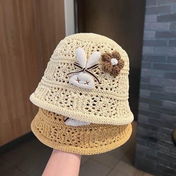 【小兔花朵】宝宝韩版卡通镂空渔夫帽女童可爱洋气出游遮阳水桶帽夏