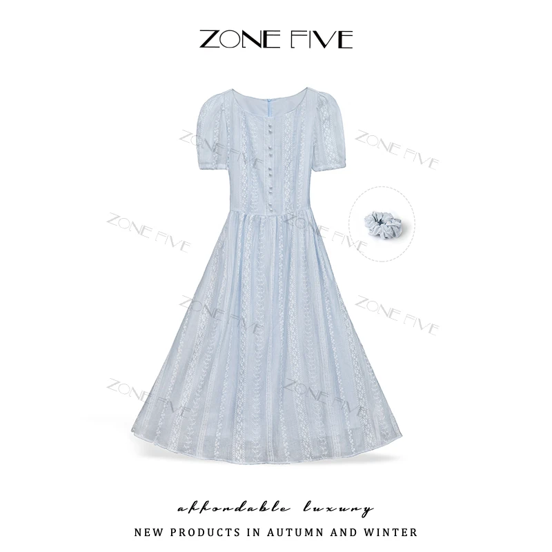 【zonefive】2025新款法式长裙欧若风泡泡袖夏季收腰连衣裙【赠发圈】