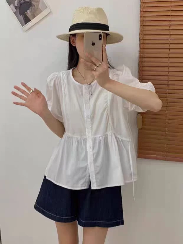 82600韩版泡泡袖上衣百搭文艺宽松纯棉短袖衬衫休闲圆领T恤上衣