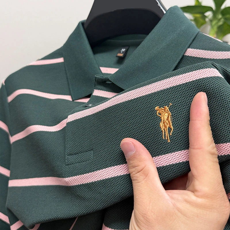 CATIA SELI刺绣条纹短袖T恤男棉质翻领中年POLO衫休闲上衣体恤