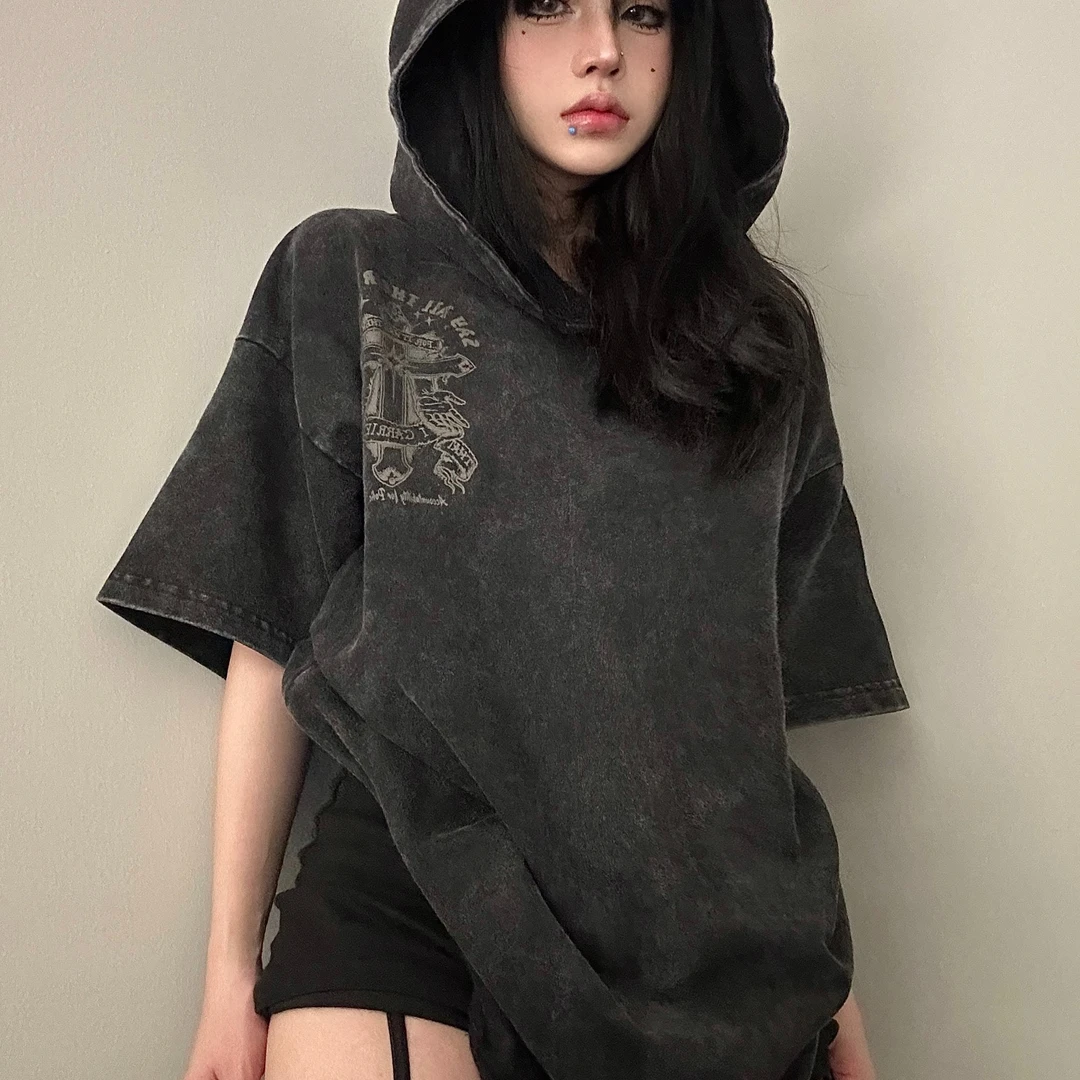 美式欧美高街十字架印花连帽短袖T恤男ins设计感痞帅慵懒风男装