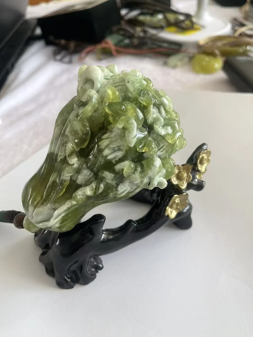 【抖音基地质检发货】天然蛇纹石玉白菜百财手把件摆饰