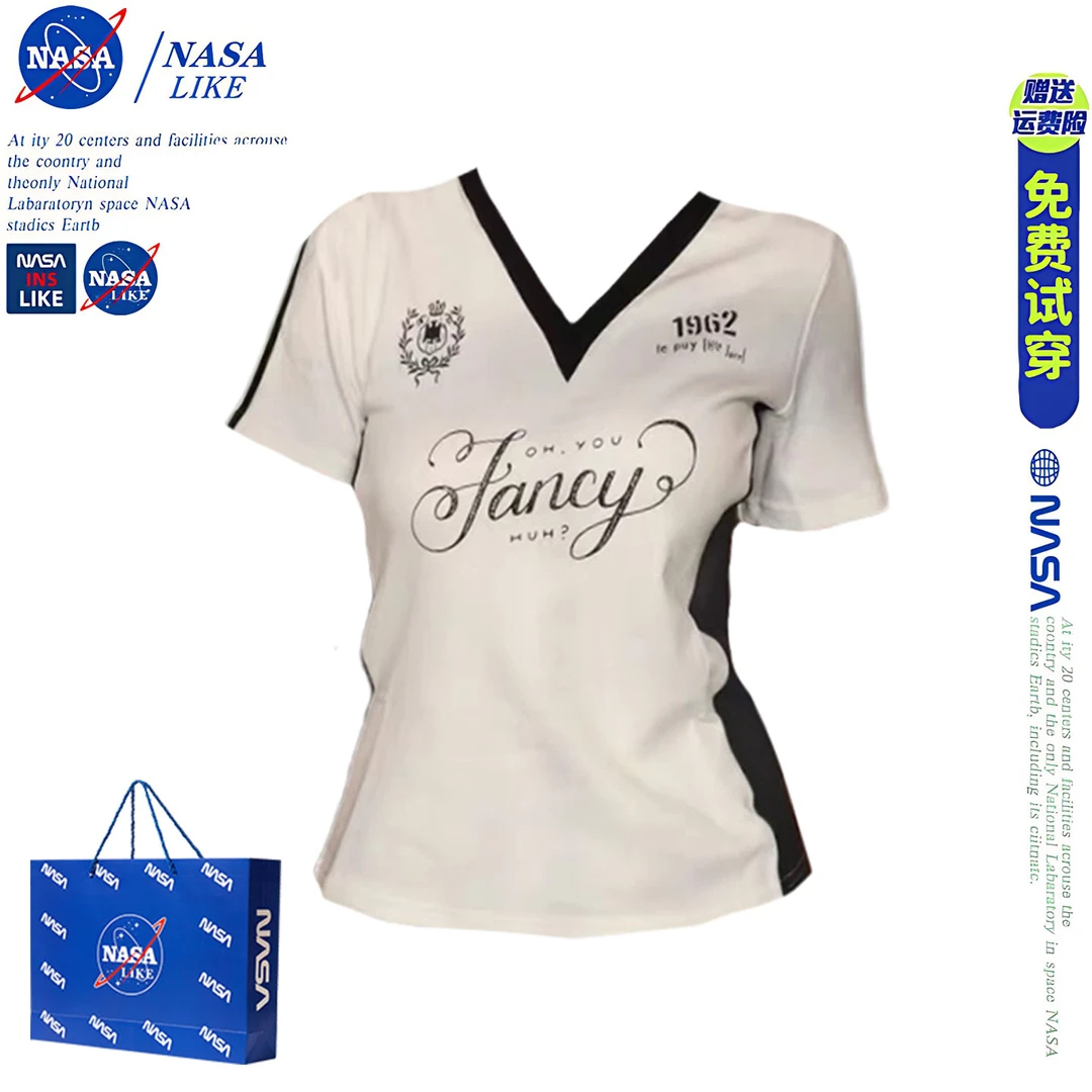 NASA美式复古撞色字母印花V领短袖T恤女夏季修身显瘦辣妹风打底衫