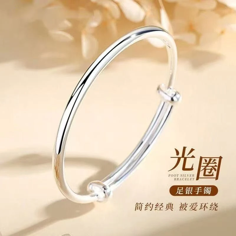 足银999推拉光面简约纯银手镯七夕生日送女友妈妈闺蜜礼物