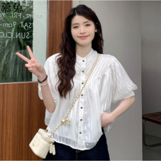 法式休闲气质白色POLO领时尚显瘦衬衫女2024夏季新款设计感短上衣