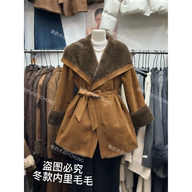 大翻领麂皮绒加厚收腰系带中长款静奢风保暖正肩显瘦腰带外套冬季