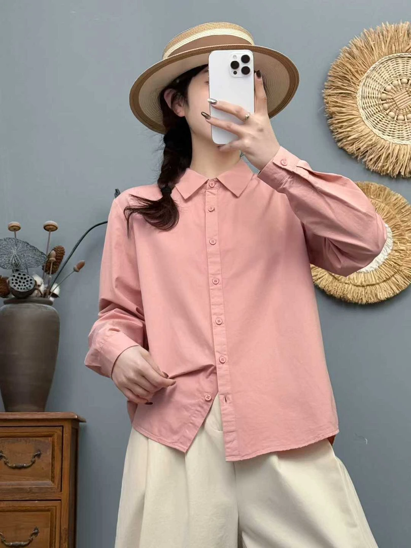 秋季纯色尖领精梳棉质感百搭显瘦开衫女衬衣