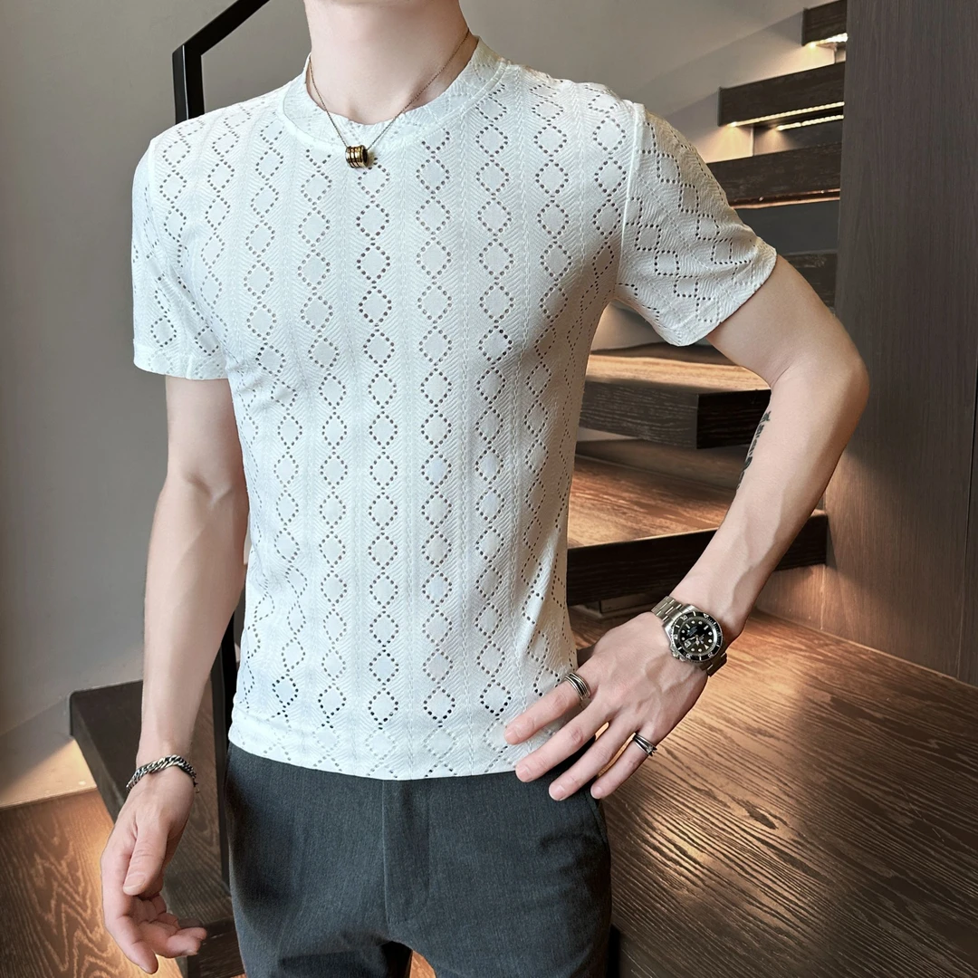2025新款男士镂空短袖t恤高级感夏季薄款潮牌痞帅休闲体恤上衣男