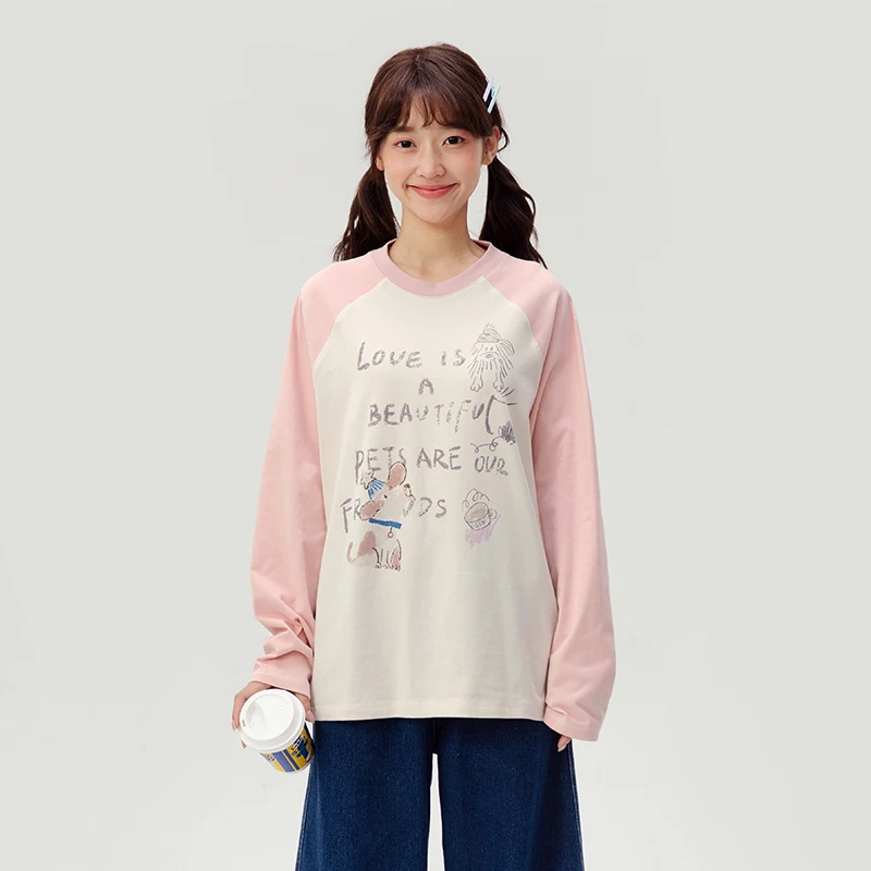 初中生长袖T恤女童秋季新款韩系休闲撞色插肩袖上衣女C25CT0150B