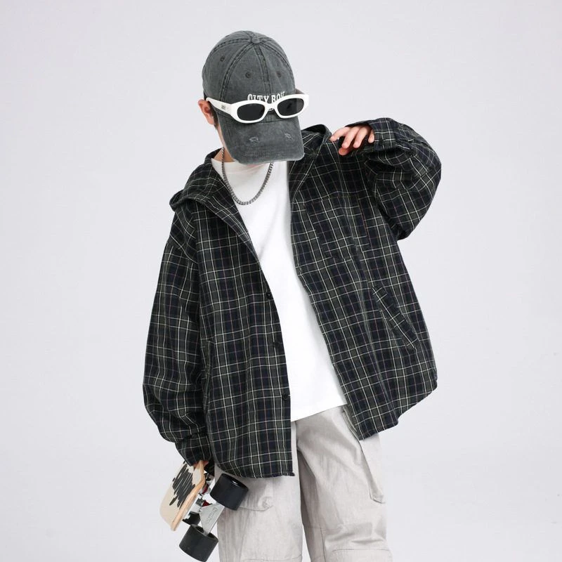 男童春秋韩系连帽格子衬衫外套2025新款儿童男孩春季酷帅宽松上