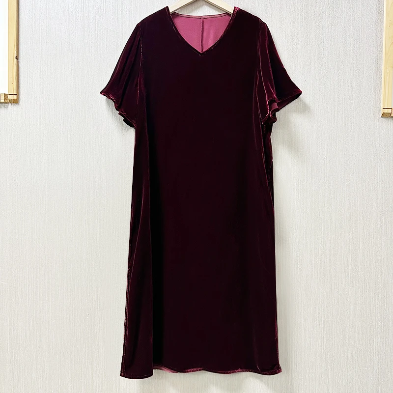 V领侧开叉~酒红色100桑蚕丝丝绒连衣裙女宽松