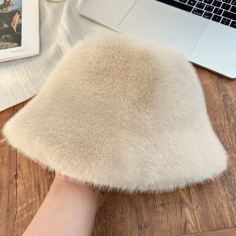 毛绒帽子女秋冬仿水貂毛渔夫帽大头围韩系百搭水桶帽显脸小盆帽