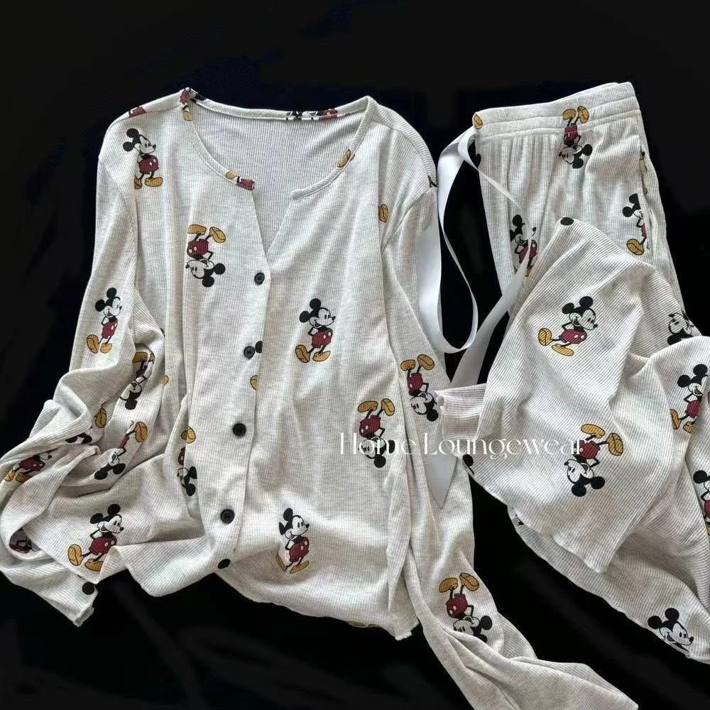 韩版卡通米奇印花睡衣女春秋高级感大码长袖长裤家居服可外穿套装