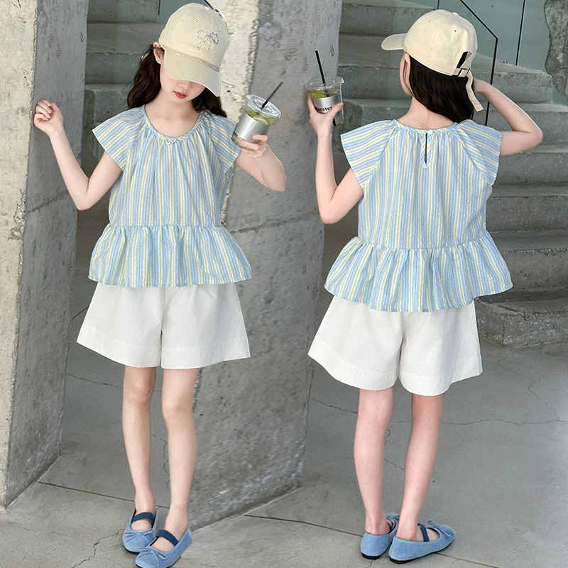 女童娃娃衫套装夏季2025新款大儿童短袖衬衫短裤宽松休闲两件套薄