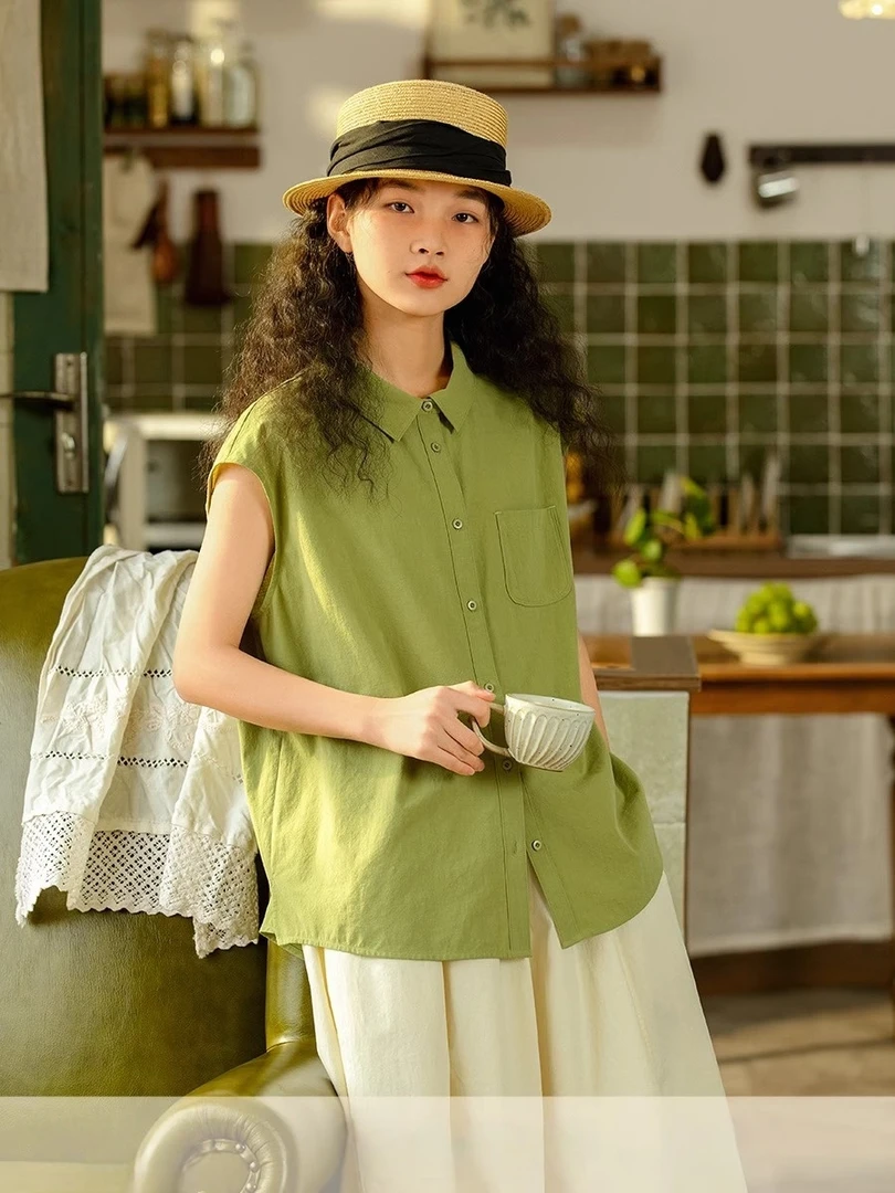 2025夏季新款棉麻纯色衬衫日系休闲衬衣女款宽松薄款翻领坎肩上衣