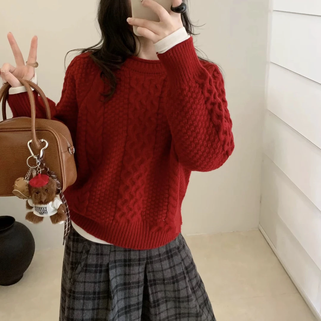 红色毛衣女套头百搭长袖洋气短款慵懒风韩版宽松麻花针织衫女