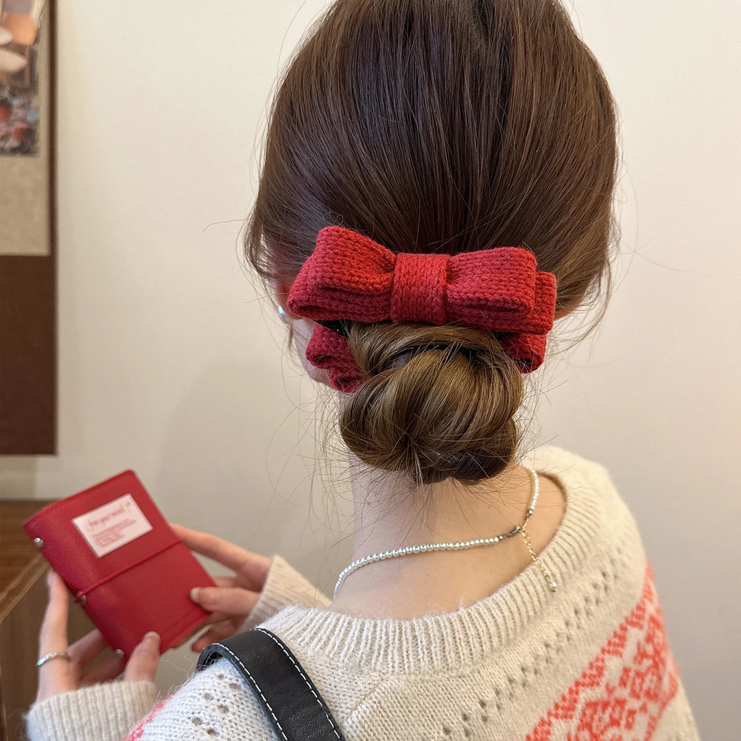 新年红蝴蝶结丸子头发夹女后脑勺简约气质抓夹盘发香蕉夹子头饰品