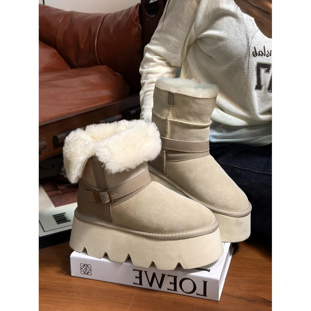 磨砂真皮松糕厚底羊毛雪地靴女2025冬季新款加绒加厚棉鞋中筒短靴
