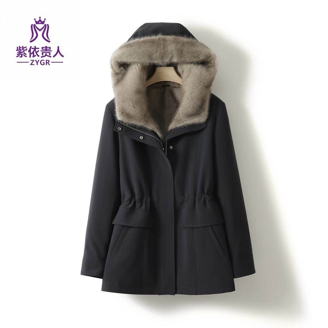 【紫依贵人】2025新女款银兰整貂可拆卸冬季短款连帽尼克服767型