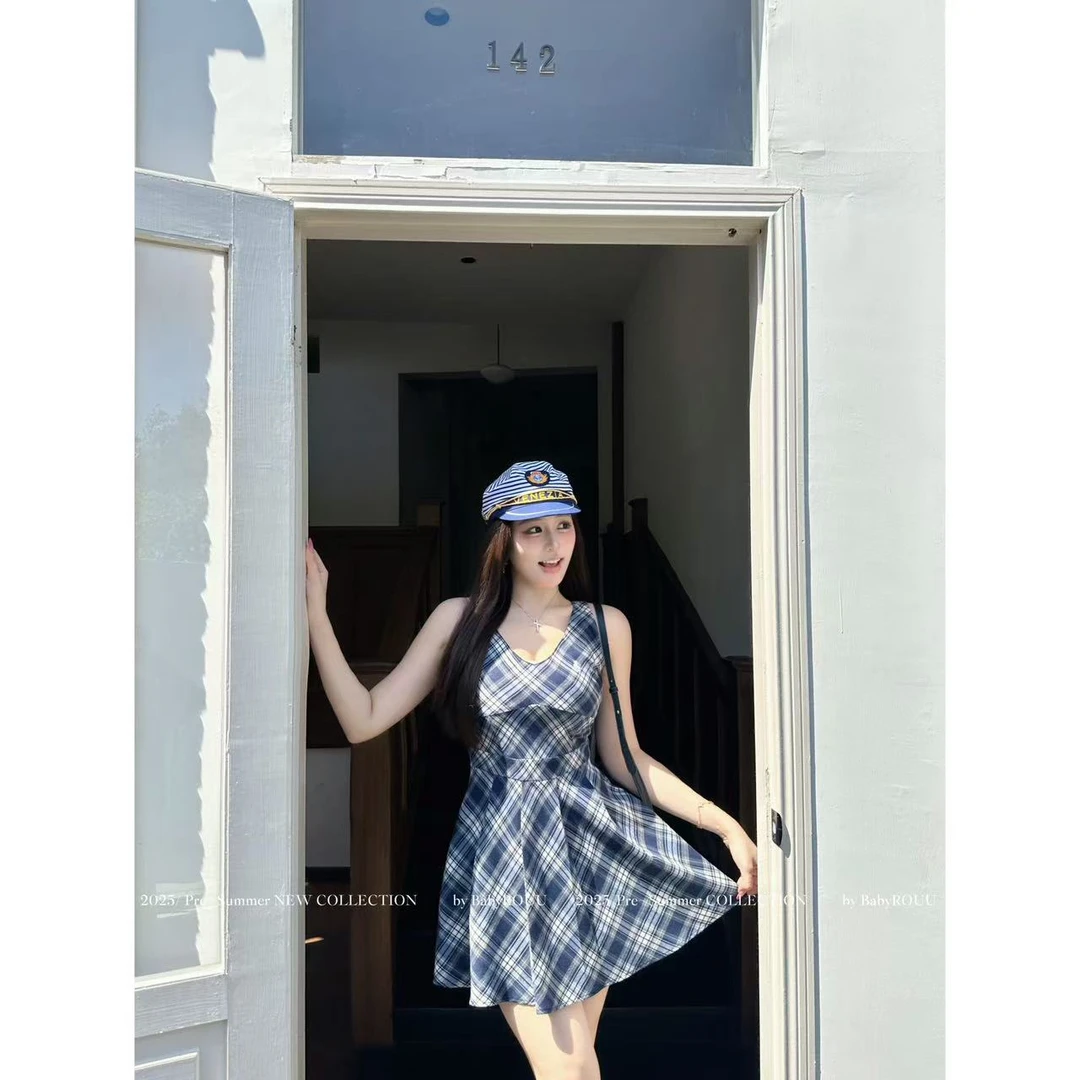 【现货】【耶鲁少女】温与柔辣妹格纹显瘦挂脖裙小众设计感收腰连衣裙