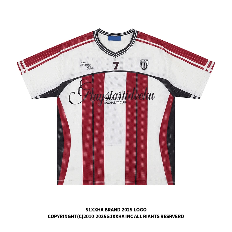 51嘻哈美式复古球衣透气运动短袖男生夏季boy撞色足球T恤红色短袖