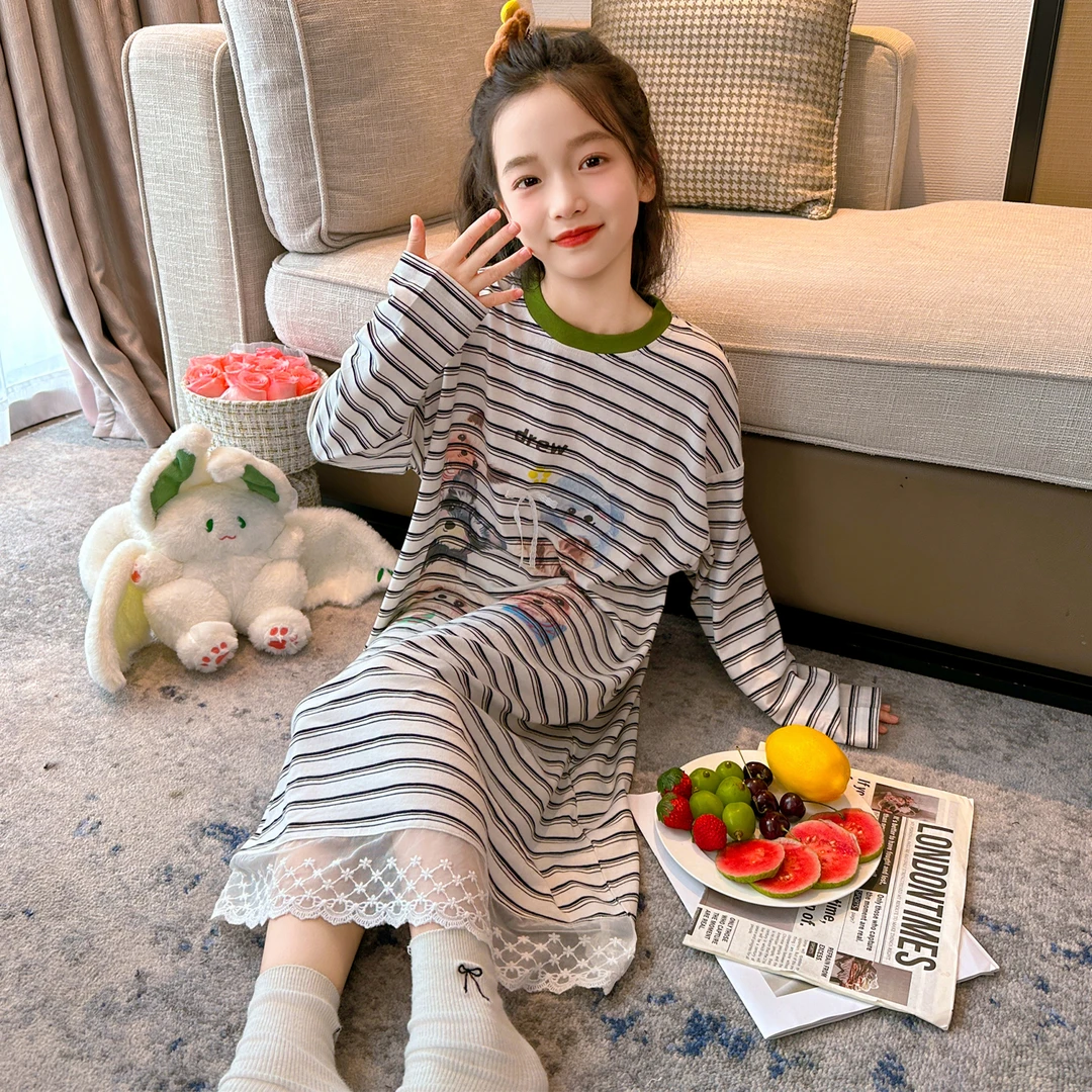 女童睡裙纯棉长袖春秋2025新款女孩公主风睡衣裙女大童高端家居服