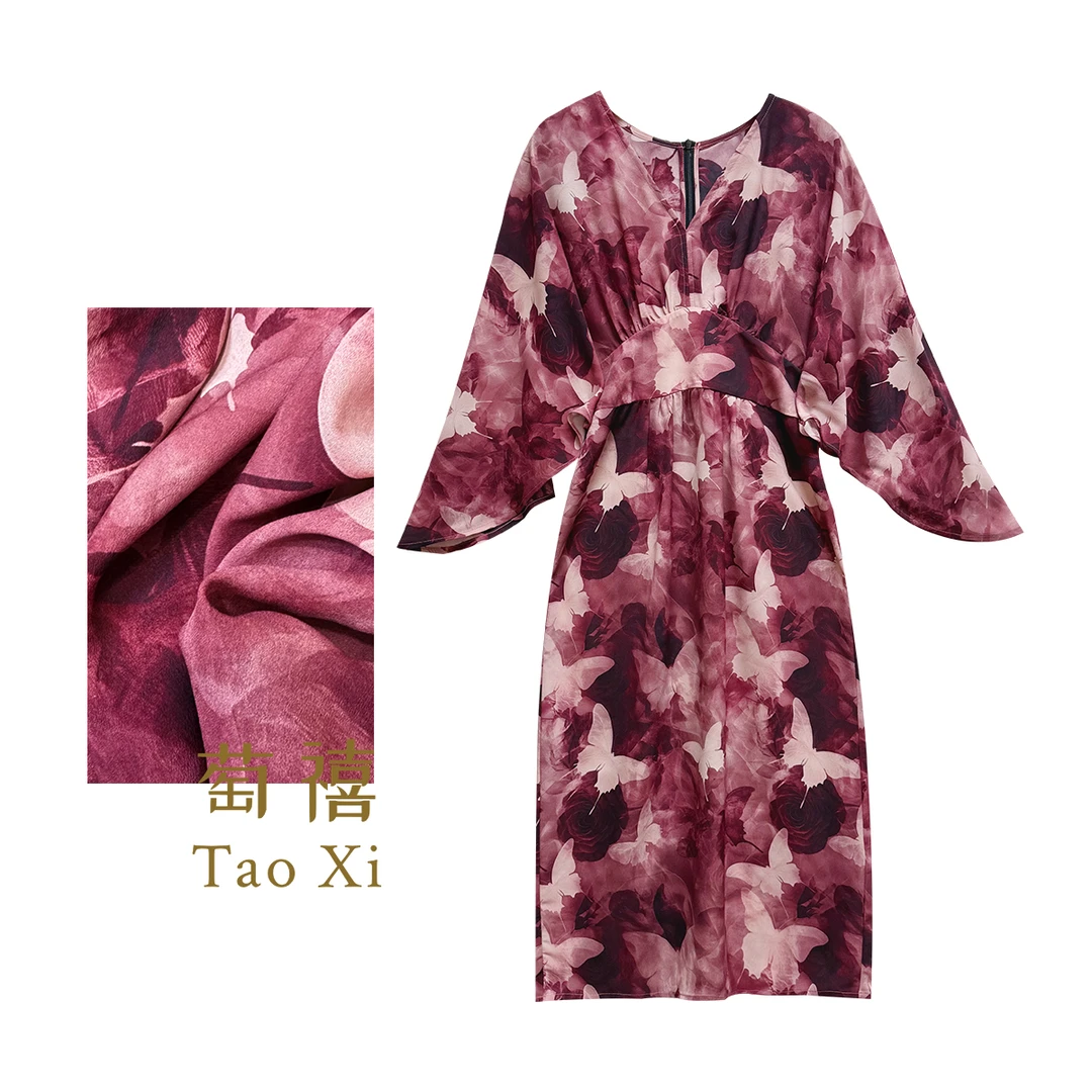 【萄禧】玫瑰红桑蚕丝蝴蝶印花V领收腰显瘦气质连衣裙TX05QZ1052