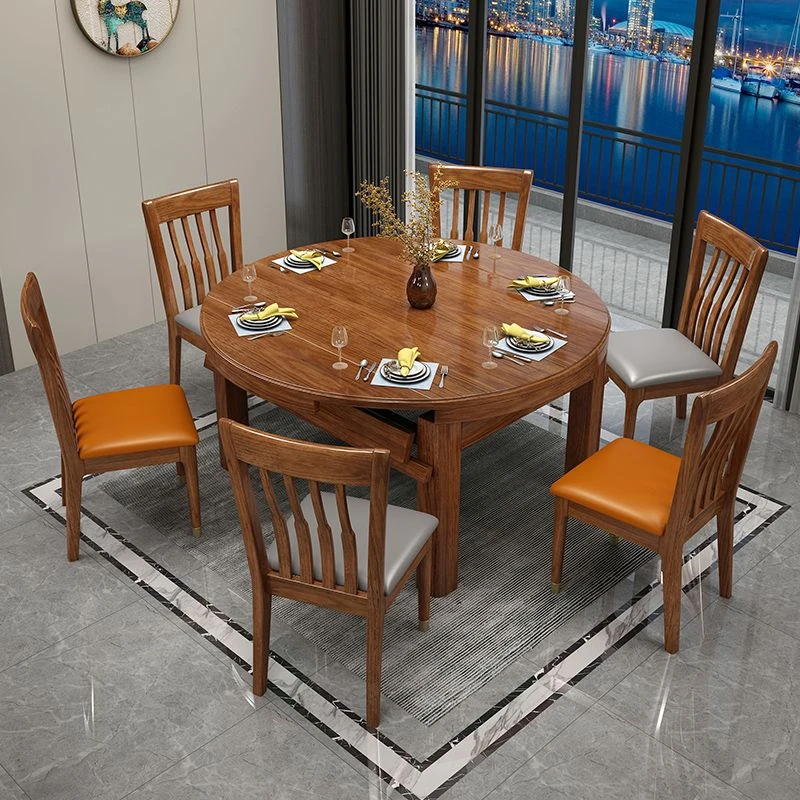 全梨木新中式实木餐桌椅组合一桌六椅家用伸缩折叠形饭桌