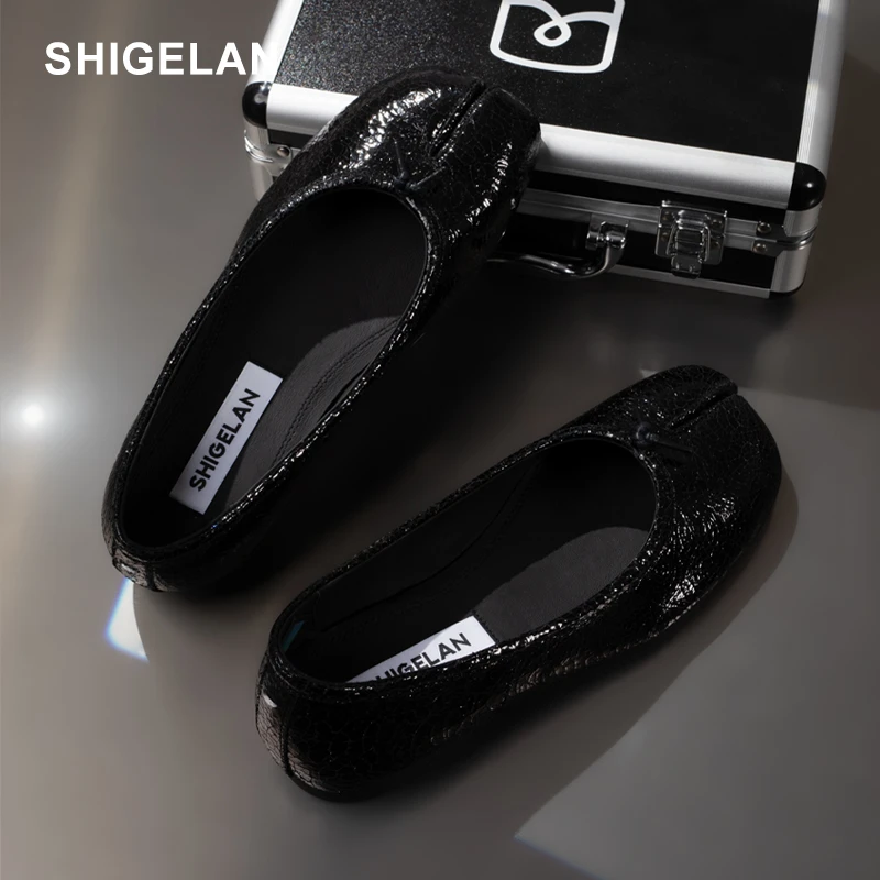 诗歌兰25款真皮韩版浅口一脚蹬平底ins风爆裂纹分趾单鞋女8521-8