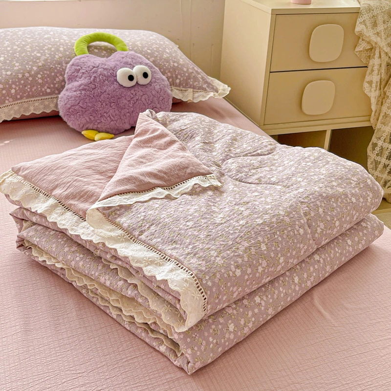 夏季木棉皱皱纱花边夏被床单四件套薄款夏凉被空调被双人床上用品