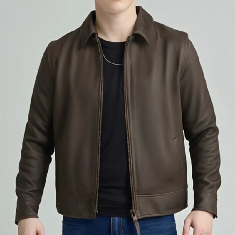 意大利无涂头层小牛皮真皮皮衣休闲翻领短款男士皮夹克美式皮外套