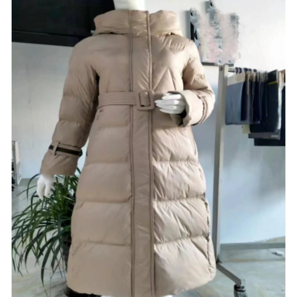 YT042 90白鸭绒收腰连帽长款过膝羽绒服23001
