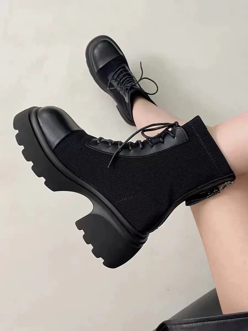 H4圆头飞织马丁靴厚底粗跟系带短靴气质女瘦瘦单靴5556