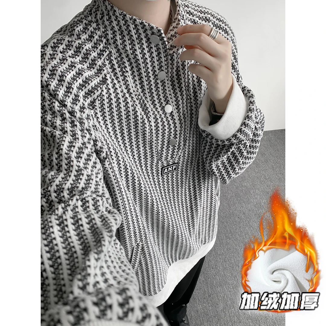 鱼骨纹亨利领卫衣男生秋冬美式潮牌休闲加绒打底衫校园风长袖T恤