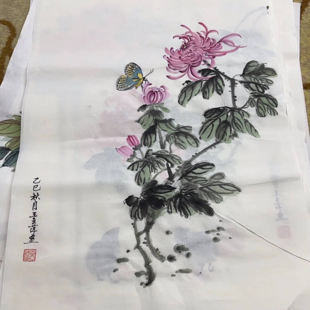 国画四尺三开花鸟童