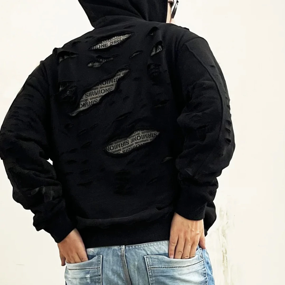 暗黑废土糜烂破坏重磅复古潮牌高街刀割破洞连帽卫衣慵懒颓废乞丐