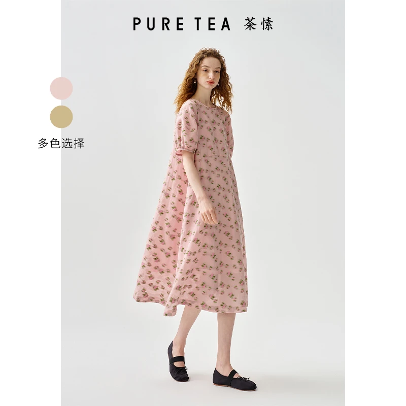 【芍药庄园】茶愫泡泡袖高腰花朵长裙提花连衣裙2025夏新KD2302D21