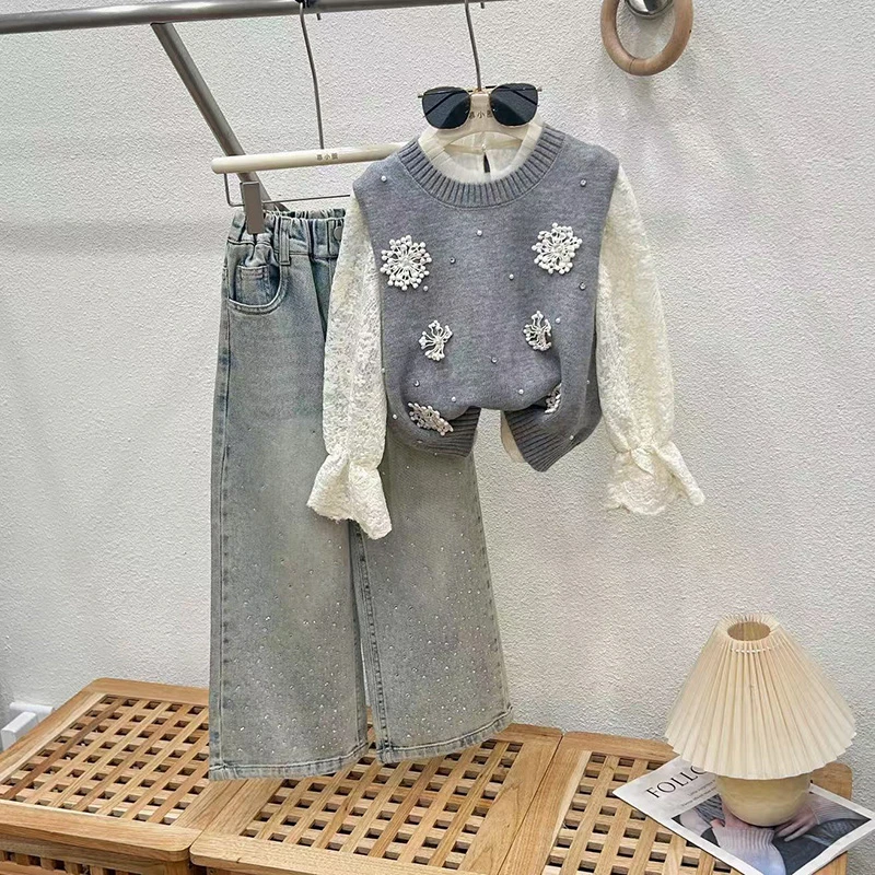 女童牛仔裤套装春秋2025新款童装儿童裤子女孩大童套装春装阔腿裤