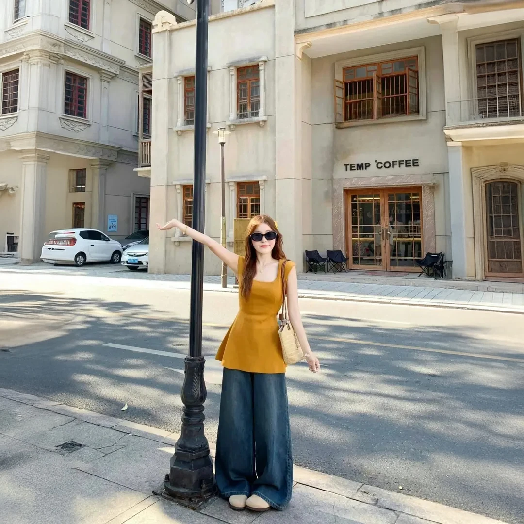 夏季穿搭一整套韩系小众辣妹修身镂空露腰T恤显瘦高腰牛仔裤套装