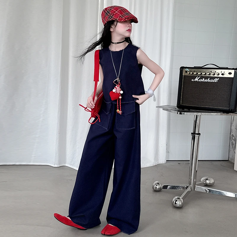 女童2025夏季新款韩系毛边口袋显瘦甜酷设计感阔腿裤百搭休闲套装