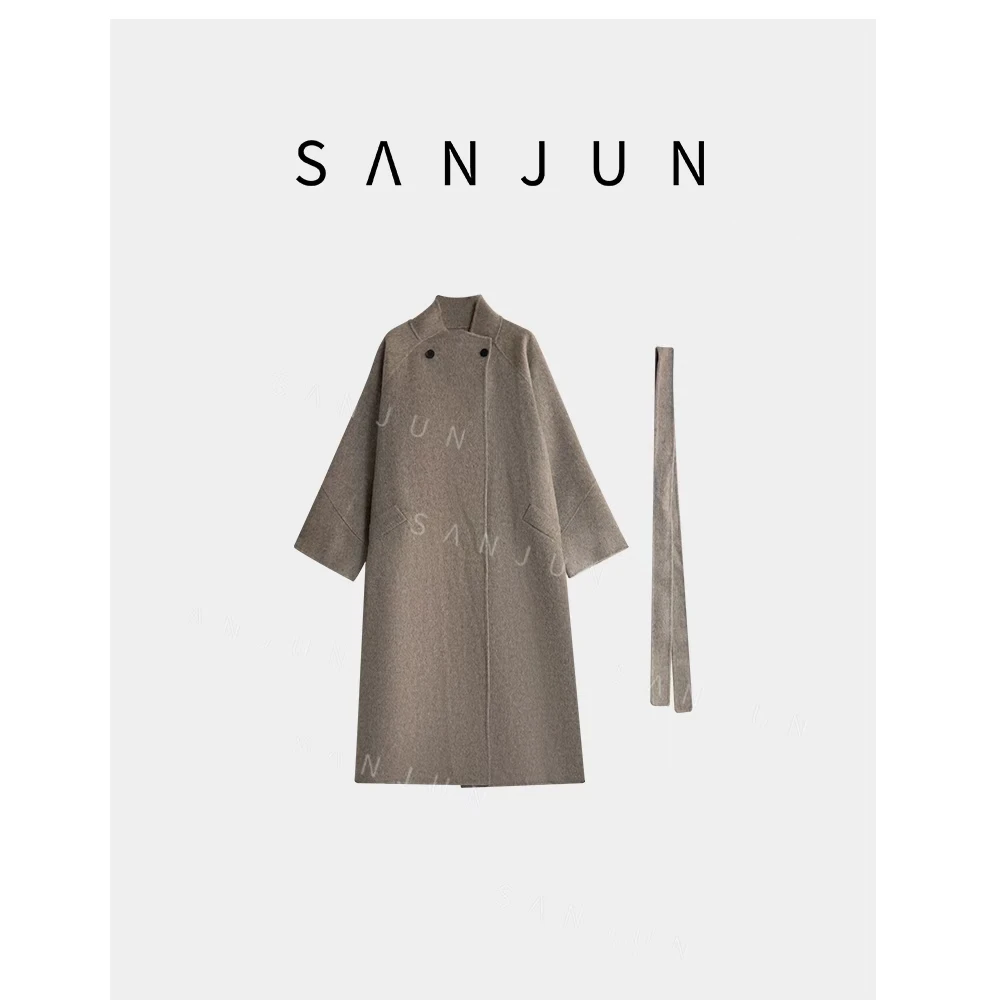SANJUN 高端定制 秋冬氛围感立领毛呢大衣 带腰带 32335